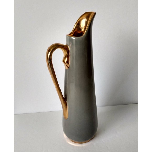 Vintage Gray Pitcher 24k Plated Trim Slim 8" x 2" Grey Kitchen Home Decor Vase - Picture 2 of 6
